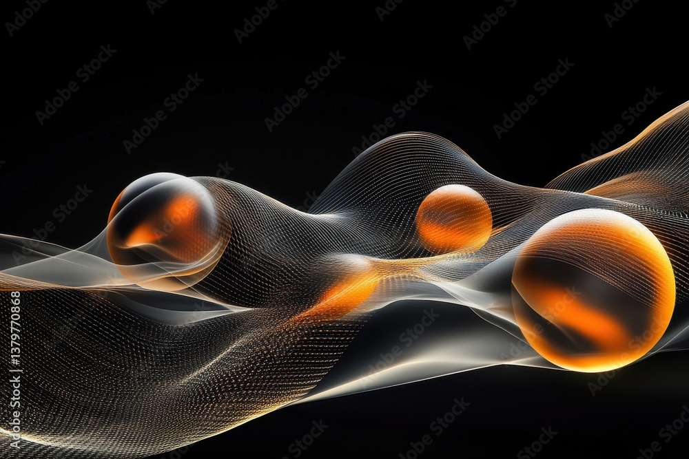 Leinwandbilder blobs and abstract shapes move gracefully over a waving mesh landscape in an artistic display, blobs