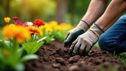 Naklejka premium A gardener with gloves planting colorful flowers in a garden bed, blossom, colorful