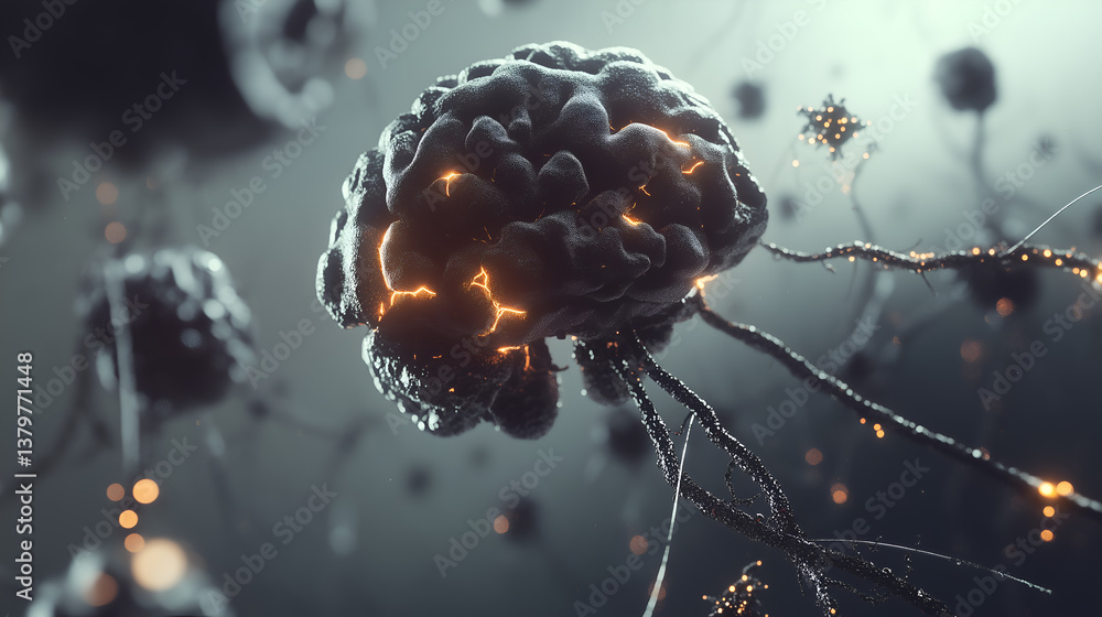 Poster a close-up shot of a glowing brain highlighting its intricate neural network and interconnectedness