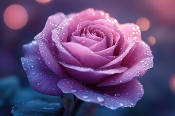 Beautiful pink rose covered in dew droplets shines in soft light during early morning