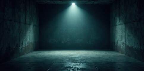 An eerie dark room with a concrete floor illuminated by a single spotlight, perfect for dramatic designs and storytelling visuals, dark,  event promotion
