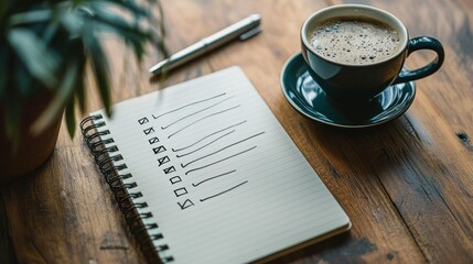 A to-do list being written in a composition notepad with a cup of coffee beside it