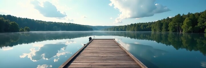 A lonely wooden dock extending into a calm lake with reflections of trees and clouds in the water,  leisure,  scenic