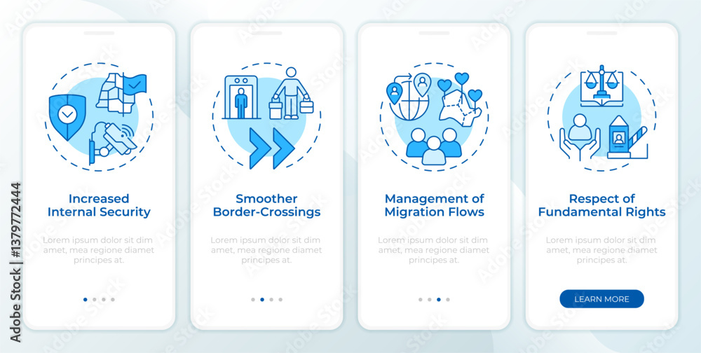 Aufkleber benefits of border management blue onboarding mobile app screen. ibm. walkthrough 4 steps editable g