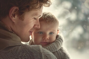 Obraz premium A father lovingly holds his infant son, nestled in his arms, glancing up with trust, The bond between a parent and their baby