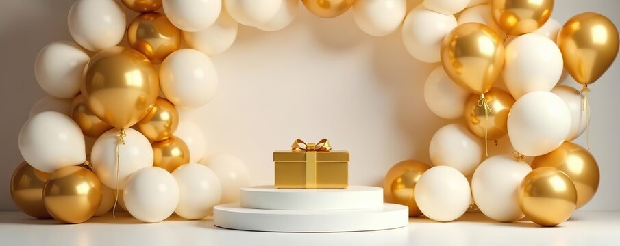 A luxurious gold and white themed party setup with numerous balloons and a golden box on a pedestal,  balloons,  luxury