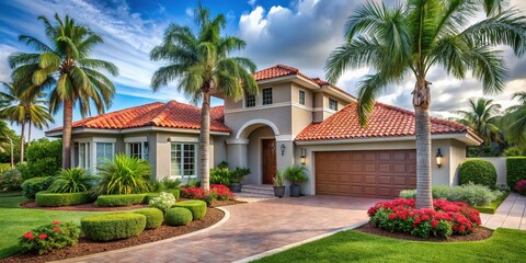Fototapeta premium Elegant Gray House with Red Tile Roof, Tropical Garden, Driveway & Garage