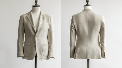 Beige linen blazer on mannequin - front and back view with notched lapel and patch pockets