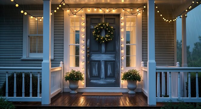 Front porch with a chalk painted door string lights hanging from the railings and a gentle rainstorm in the distance