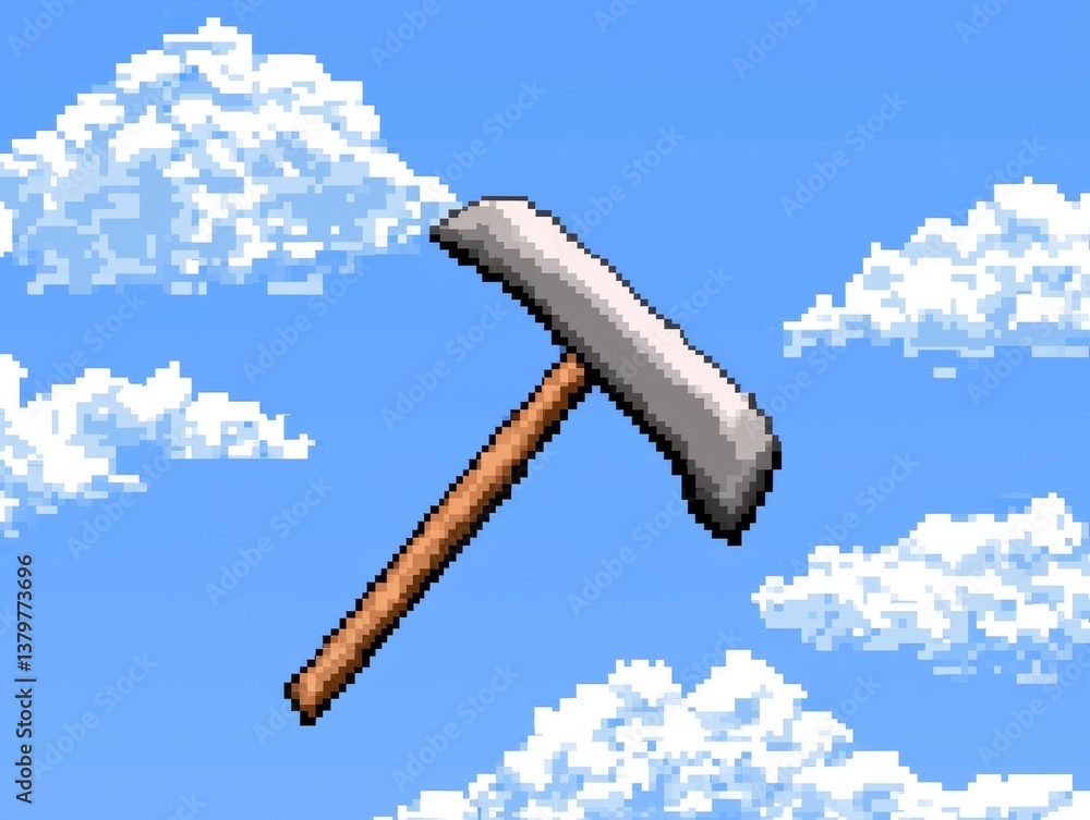 Fototapete 8-bit style pickaxe floating in a bright blue sky with puffy cumulus cloud formations