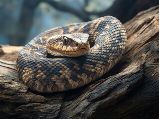 Fototapeta premium Timber Rattlesnake Coiled on Wood Log Close-up View Wildlife Concept