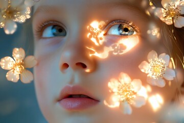 A child's face, illuminated by sunlight filtering through delicate blossoms, creates a magical, ethereal scene.
