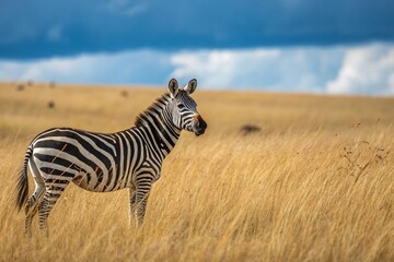 Naklejka premium A zebra stands in yellow grass during a safari