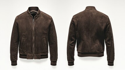 Classic brown leather bomber jacket front and back view on white background