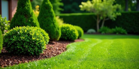 A well-maintained garden with fresh mulch surrounding neatly trimmed bushes,  soil,  garden