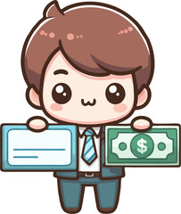 Cute Businessman Cartoon Holding Certificate and Money