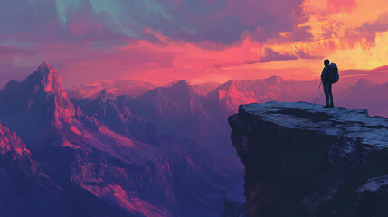 Majestic Sunset Over Rugged Mountains with Solo Hiker on Cliff Edge
