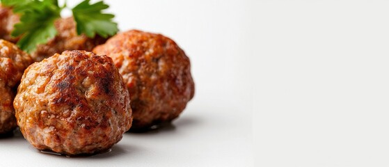 A close-up of delicious meatballs garnished with fresh parsley on a clean white background, highlighting their savory texture and appetizing appearance.