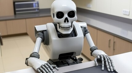 White Skeleton Robot Using a Computer in an Office Setting