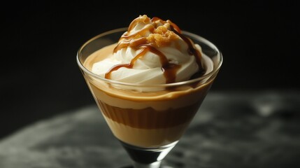 Caramel coffee dessert in a glass. Layers of creamy coffee dessert topped with whipped cream and caramel drizzle.  Crispy topping