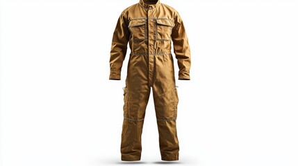 Fototapeta premium Durable brown work coverall with multiple pockets on white background