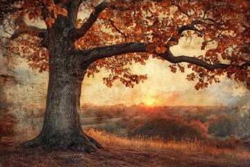 Majestic oak tree with fiery autumn leaves at sunset, creating a serene landscape.