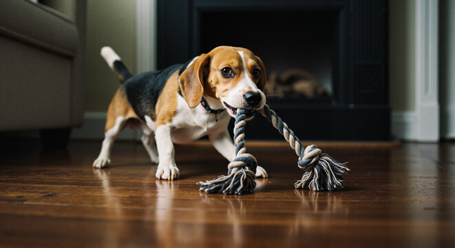 Beagle puppy playing with a rope toy in a cozy living room   - Powered by Adobe