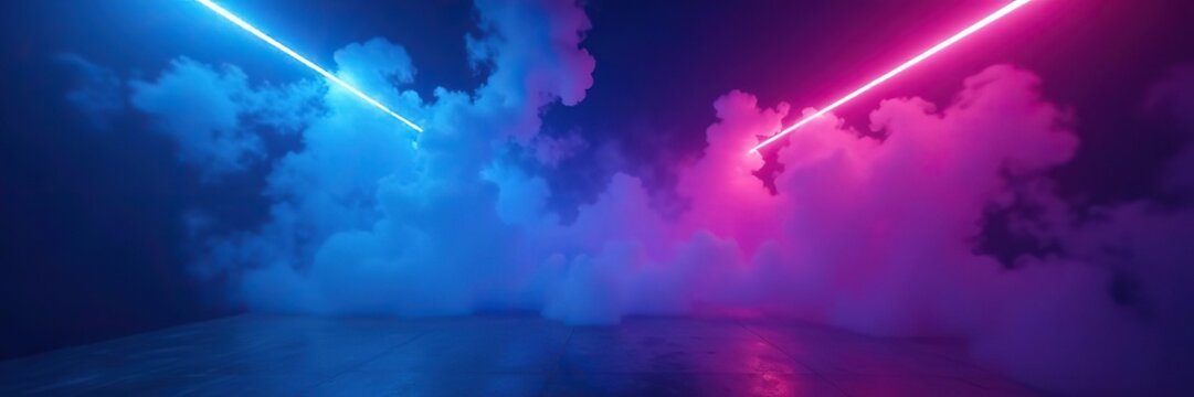 Abstract blue neon lights create a mesmerizing glow in a dark room filled with smoke,  nightlife,  modern