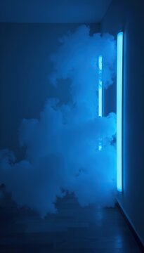 Abstract blue neon lights illuminating a dark room filled with smoke creating a mysterious and futuristic ambiance,  futuristic,  vibrant