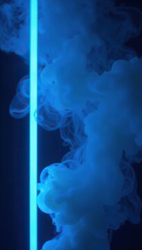 Abstract blue neon lights shining brightly in a dark room filled with swirling smoke,  illuminated,  neon lights