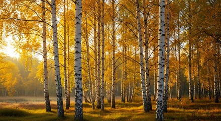 Obraz premium Golden Birch Grove Autumn Sunlight AI Generated