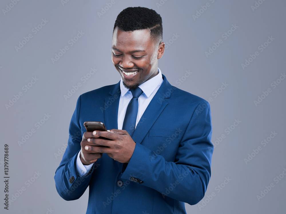 Poster office, phone and african businessman in studio for communication, contact and b2b networking. profe