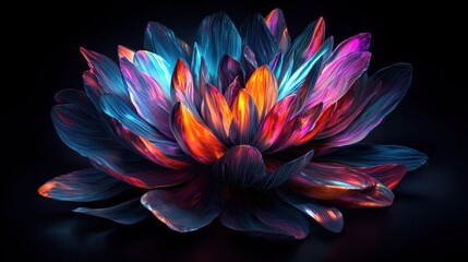 Vibrant flower with glowing petals blooming in darkness