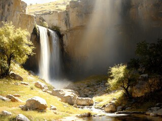 Fototapeta premium Majestic Waterfall Cascading Down a Rocky Cliffside: A breathtaking waterfall plunges dramatically from a towering cliff face, its waters creating a mist.