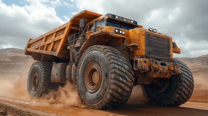 A massive yellow mining dump truck travels across a rugged landscape