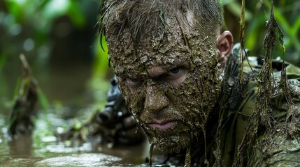 Soldier engaging in stealth tactics jungle environment action image close-up perspective military training