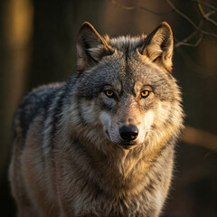 Fototapeta premium Direct Gaze: Majestic Wolf Portrait in Warm Light, Forest Close-Up
