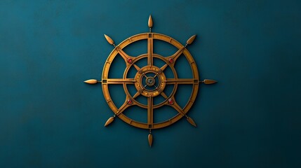 Guiding the Way: A Detailed Close-up of an Antique Ship's Wheel with ornate carvings and a golden hue, set against a textured background, suggesting precision, navigation, and exploration.