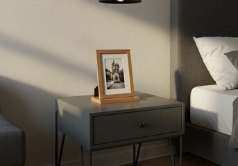 Advertising - staged photo of a framed picture on a vintage bedside table in a modern room.