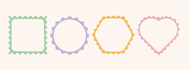 Set of scallop frames with wavy edges isolated on white background. Vector cartoon illustration of square, round, hexagon, heart shape borders with color doodle art design for poster, game avatar