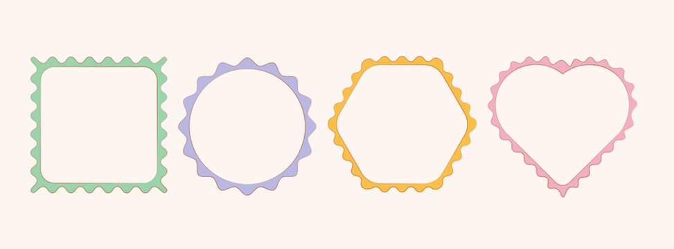 Set of scallop frames with wavy edges isolated on white background. Vector cartoon illustration of square, round, hexagon, heart shape borders with color doodle art design for poster, game avatar