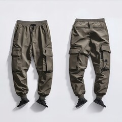 Olive green cargo pants with multiple pockets and drawstring waist on white background