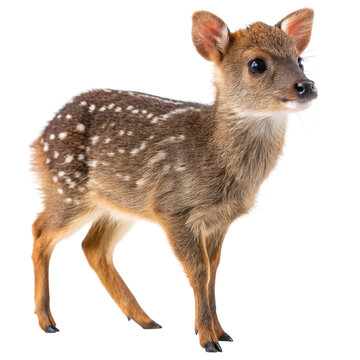 Tiny Pudu Deer with Spotted Fur Isolated on White