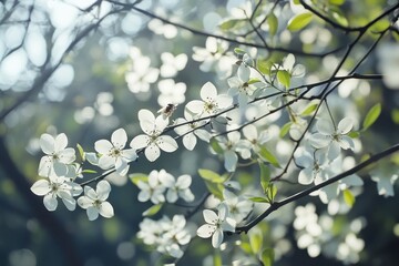 Bee pollinating white blossom flowers in Orcha during daylight, Bee flying on white flowers Blossom flower in orchard pollination