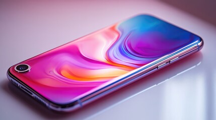 New smartphone. Latest flagship phone. Sleek smartphone design. Smartphone on white background. Phone with colorful display.High-end mobile device