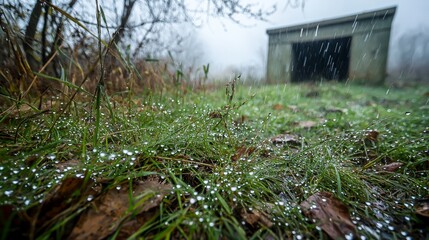 Obraz premium Misty rainfall over dew-laden grass abandoned structure nature photography outdoor close-up serenity