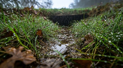 Obraz premium Rain-soaked grass and dewy leaves nature trail photography outdoor low angle serenity and reflection