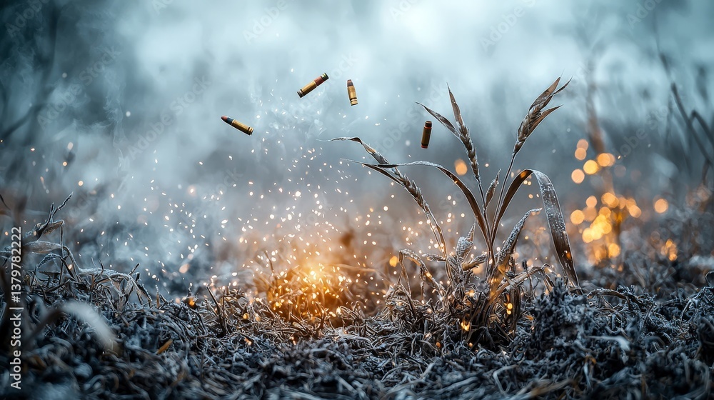 Poster explosive sparks emerge from ground in frosty field nature photography winter environment close-up v