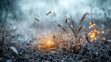 Explosive sparks emerge from ground in frosty field nature photography winter environment close-up view