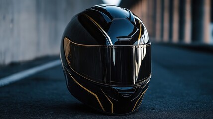 Fototapeta premium Sleek black motorcycle helmet with gold accents